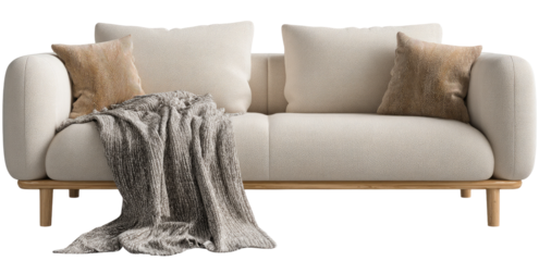 Cream colored sofa with light brown wooden legs and textured throw