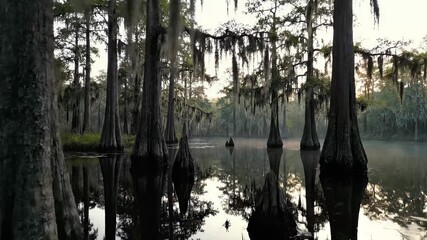 A tranquil swamp scene with cypress trees and reflections - Powered by Adobe