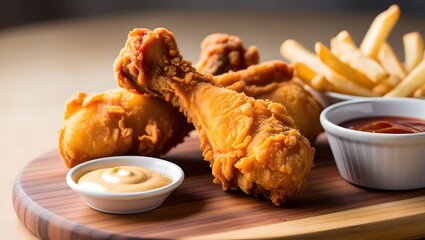 Crispy fried chicken drumsticks with french fries and spicy dipping sauce on wooden board