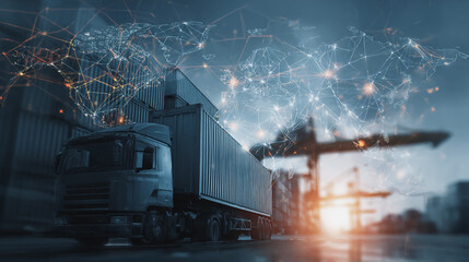 Smart Innovation connection cyber security Container truck in ship port for business Logistics transportation of Container Cargo ship Cargo plane with working crane bridge in shipyard at Twilight