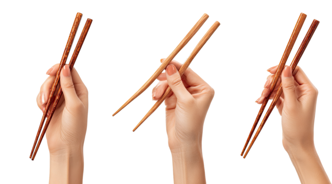 Hands holding wooden chopsticks in various positions - Powered by Adobe
