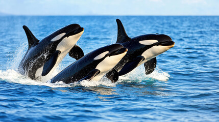 Fototapeta premium Orcas swimming together in ocean, showcasing their playful nature and beauty