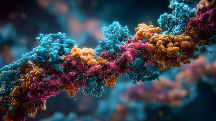 Obraz premium Spliceosome 3D complex: protein–RNA machinery performing pre-mRNA splicing. Structural molecular biology, gene expression, snRNPs, RNA processing. DNA, genetics, biotechnology, pharma, life science.