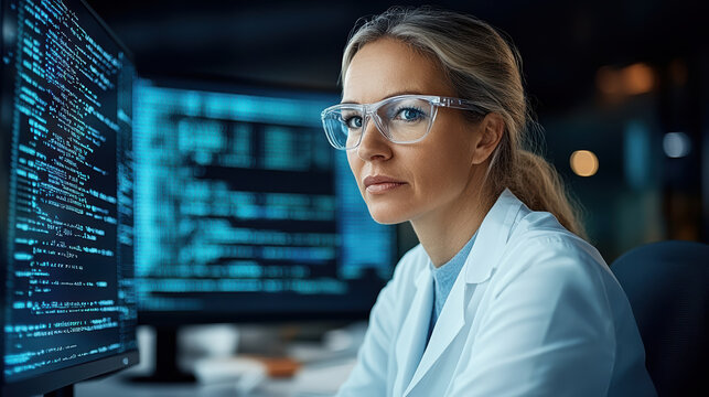 Researcher analyzing data on computer screen, focused and determined expression