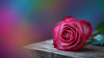 Close-up of a vibrant pink rose with water droplets on its petals resting on a weathered wooden surface with a colorful blurred background
