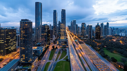 Aerial view of modern city skyline with skyscrapers, illuminated streets, and traffic at dusk