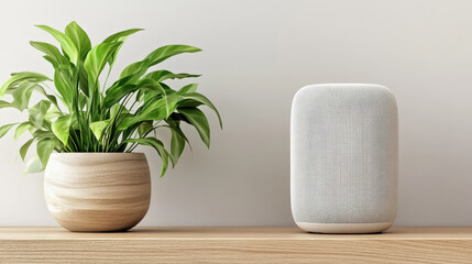 Smart speaker with plant on shelf, modern design, minimalistic decor, home technology
