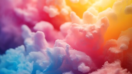 Close-up of vibrant, fluffy clouds in a spectrum of rainbow colors smoke mist
