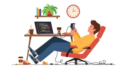 Relaxed Programmer Enjoying a Break with a Handheld Device and Coffee. © Arie