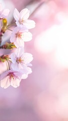 Fototapeta premium Blooming Cherry Blossoms Soft Pink Hues Light Background Floral Delights Springtime Beauty Delicate Petals Pastel Colors Macro Photography Serene Atmosphere