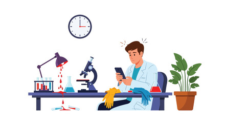 A Worried Scientist Texting Amidst Lab Experiment Mishaps and Broken Glassware.