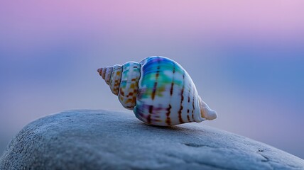Colorful Seashell Resting on a Smooth Grey Stone with Soft Purple and Blue Horizon conch marine