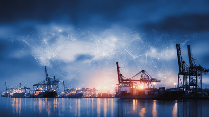 Obraz premium Smart Innovation connection cyber security Container truck in ship port for business Logistics transportation of Container Cargo ship Cargo plane with working crane bridge in shipyard at Twilight