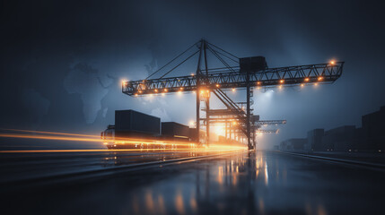 Obraz premium Smart Innovation connection cyber security Container truck in ship port for business Logistics transportation of Container Cargo ship Cargo plane with working crane bridge in shipyard at Twilight