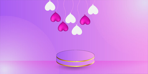 Set of 3D valentine day background pink, red, white cylinder podium with floating pastel balloon heart shape. Vector geometric platform. Abstract mockup product display. Minimal scene. Stage showcase.