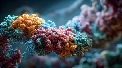 Fototapeta premium Spliceosome 3D complex: protein–RNA machinery performing pre-mRNA splicing. Structural molecular biology, gene expression, snRNPs, RNA processing. DNA, genetics, biotechnology, pharma, life science.