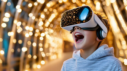 Excited teenager wearing virtual reality headset, immersed in digital experience