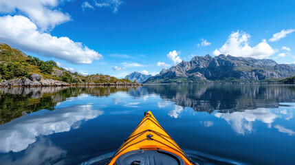 Calm lake with reflections, kayaking adventure, scenic mountains, bright blue sky