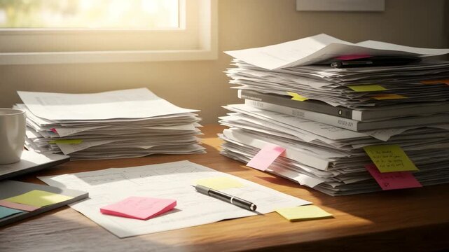 A cluttered desk filled with papers, documents, and sticky notes, illuminated by soft daylight through a nearby window. The scene captures the essence of work, administration, and document management