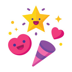 Happy Star Pink Hearts And Party Popper Icons Keywords: star, happy star, face, heart, pink