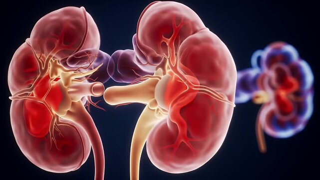 Detailed 3D Animation of Human Kidneys on Dark Background Showcasing Intricate Blood Vessels and Internal Structures for Medical and Educational Purposes in a High Angle Eye View