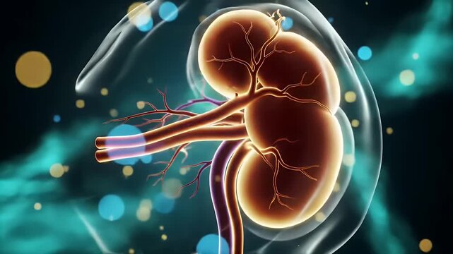 Detailed 3D Animation of Human Kidneys Inside Transparent Structure Featuring Intricate Blood Vessels and Bokeh Lights Background in Medical Visualization for Educational Purposes