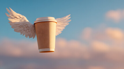 Angel wings coffee cup soaring through soft pastel sky at sunrise for morning boost