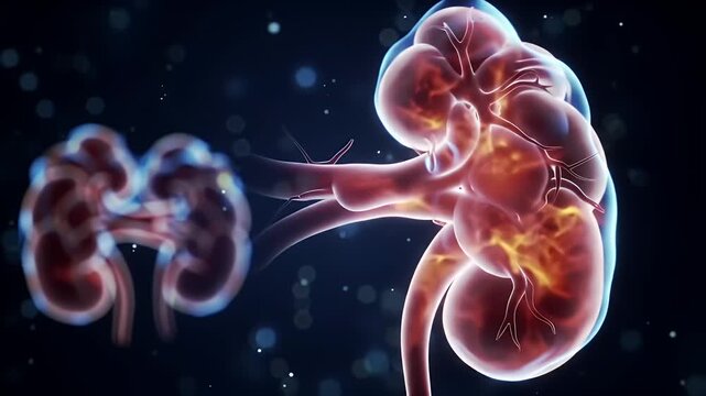 Detailed 3D Animation of Human Kidneys with Intricate Internal Structure in Translucent Red and Orange on a Dark Blue Bokeh Background for Medical Visualization