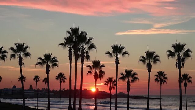 Silhouette of Palm Trees Against Vibrant Pink and Orange Sunset Sky Over Coastal Cliff