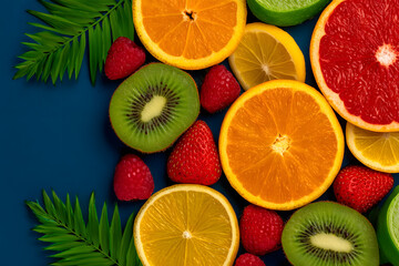 Vibrant sliced citrus fruits and berries arrangement on blue for healthy eating