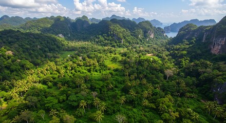 Naklejka premium Aerial view of lush green forest landscape with hills and mountains