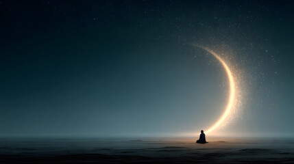 Meditative figure under celestial arc of light, peaceful moment of reflection
