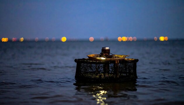 Fishing trap floating on the water at dusk with distant city lights.