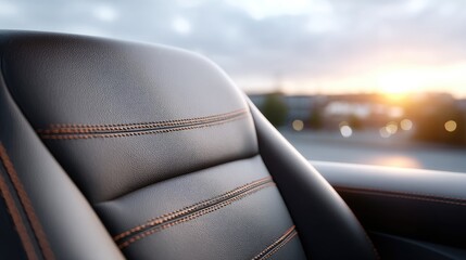 Close Up Macro Shot of a Car Seat Interior Details with Black Leather and Orange Stitching with Blurry Cityscape Background at Sunset