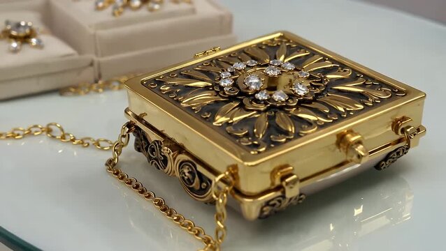 Container for precious items containing fashionable gold-colored accessories captured in detail on pale surface