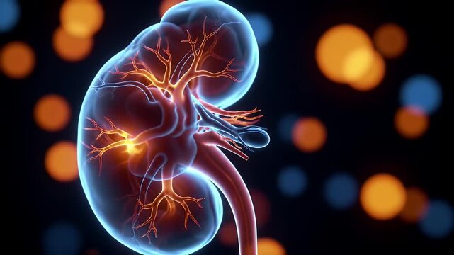 Detailed 3D Rendering of a Human Kidney Illuminated with Glowing Blue and Red Effect on a Dark Background Medical Animation of Kidney Anatomy For Healthcare Projects