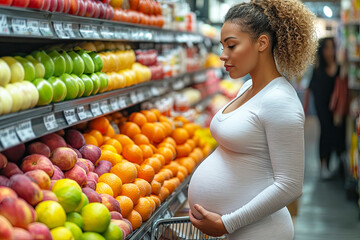 A pregnant woman thoughtfully examines fresh fruits in a grocery store, highlighting a healthy lifestyle and the joy of impending motherhood.