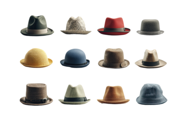 Variety of hats, various colors and styles, all back views