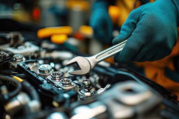 A mechanic uses a wrench to work on an engine, showcasing precision and skill in automotive repair.