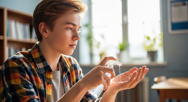 Young man in plaid shirt applying hand sanitizer in a bright room with window and bookshelf visible