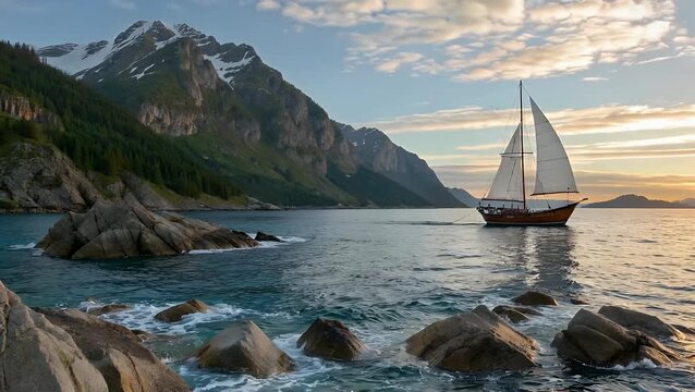 Early daytime scenic view of mountainous coastal area with sailing boat
