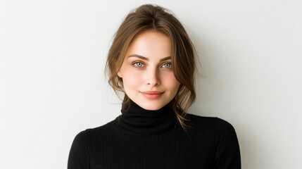 Obraz premium Portrait of a Young Woman with Natural Beauty in a Black Turtleneck Sweater