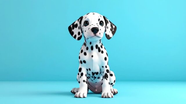 A dalmatian puppy sits against a light-blue backdrop