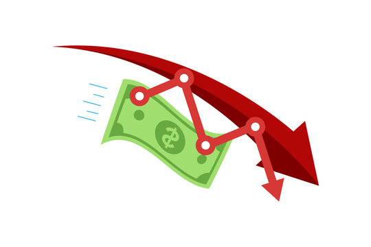 vector flat design falling dollar with red arrow down, loss money economy decline, cartoon flat design isolated