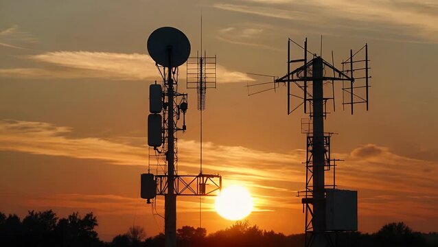 Outline of communication transmission masts equipped with television antennae and parabolic receivers during sunset