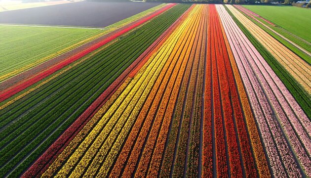 Colorful tulip fields in rows