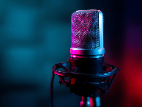 Close-up of a professional studio microphone with vibrant blue and pink lighting, set against a blurred dark background, highlighting audio recording equipment