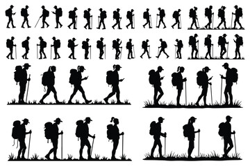 Black silhouettes of hikers with backpacks and walking sticks