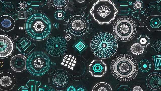 Pictorial symbols representing the organic human intellect and its connection to computerized machine cognition and automated systems