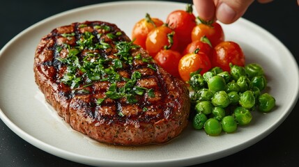 Grilled Steak with Roasted Cherry Tomatoes and Peas